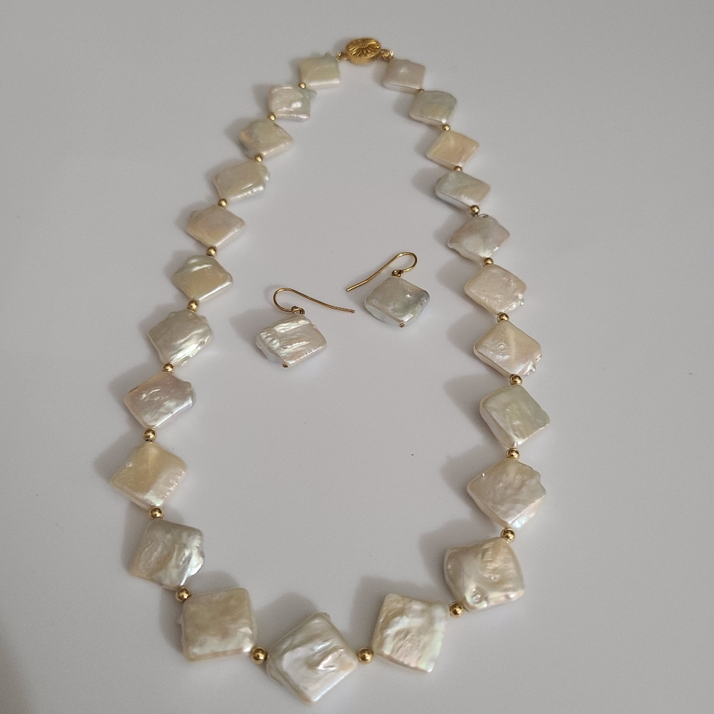 Vintage 14k GF Natural Freshwater Baroque Square Pearls Necklace Earrings Estate